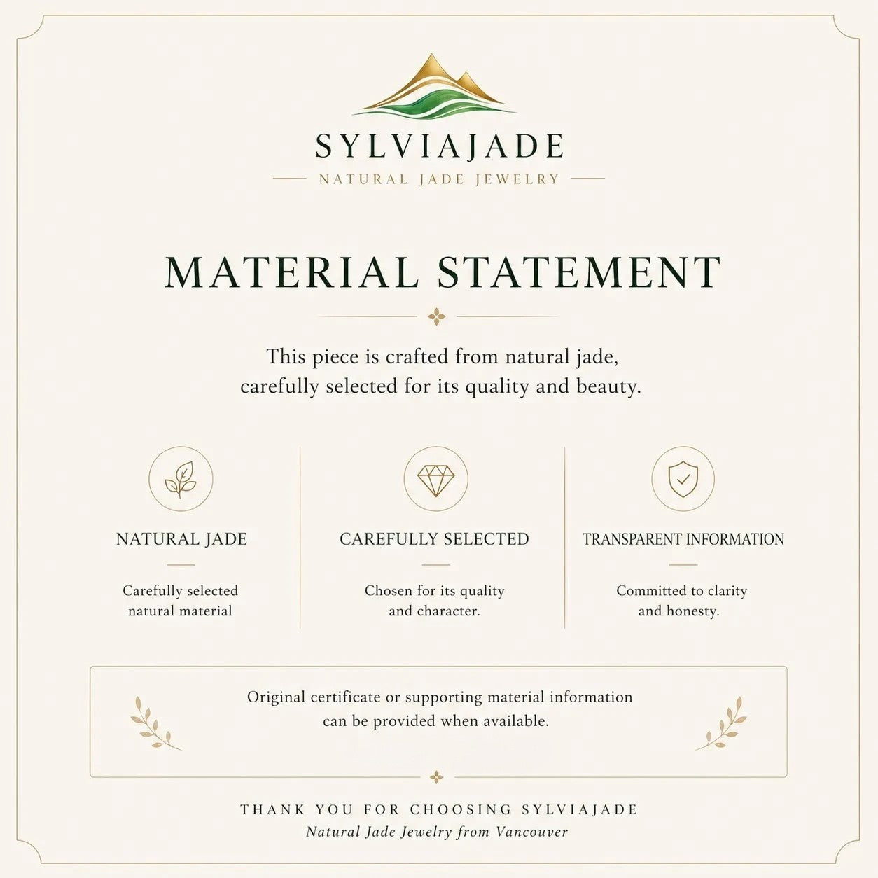 Sylvia Jewelry material statement card detailing natural jade quality, selection process, and transparency commitment.