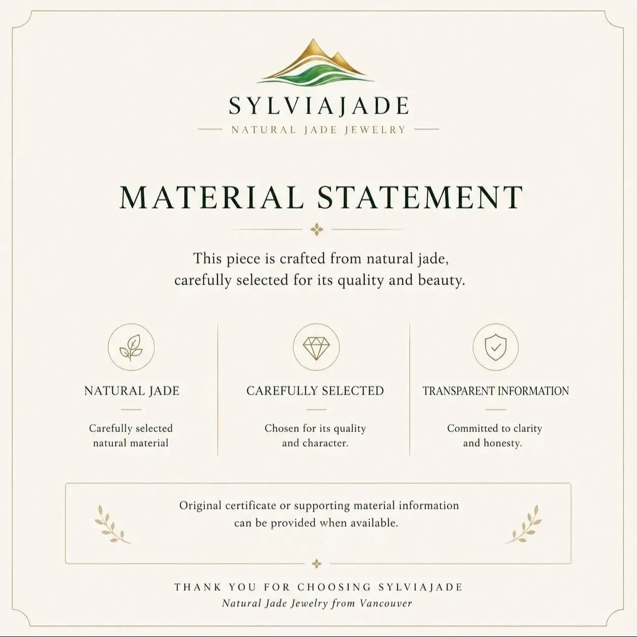 Sylvia Jewelry material statement card detailing natural jade quality, selection process, and transparency commitment.