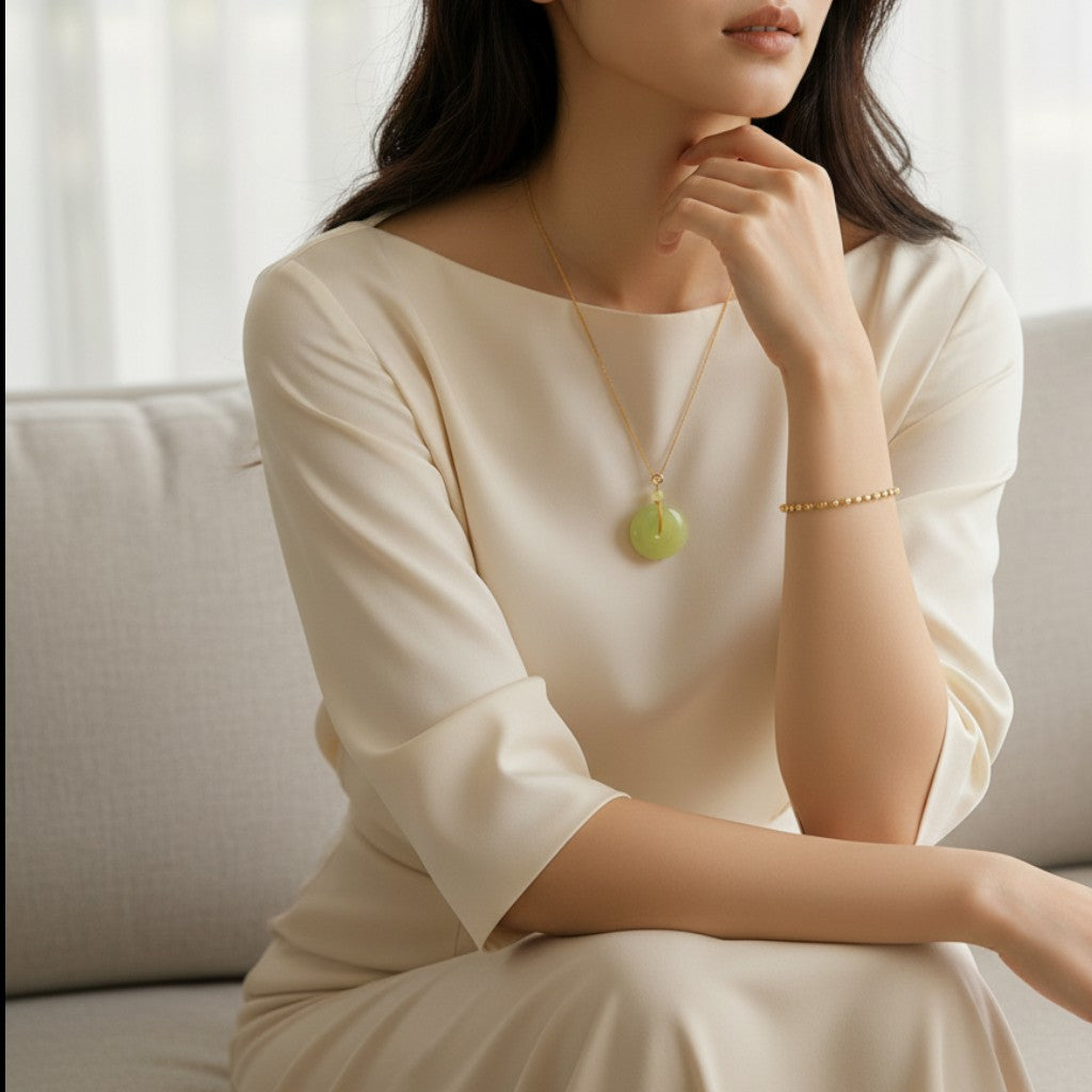 Sylvia Jewelry jade donut pendant necklace on a woman wearing a cream-colored dress, elegant minimalist style.