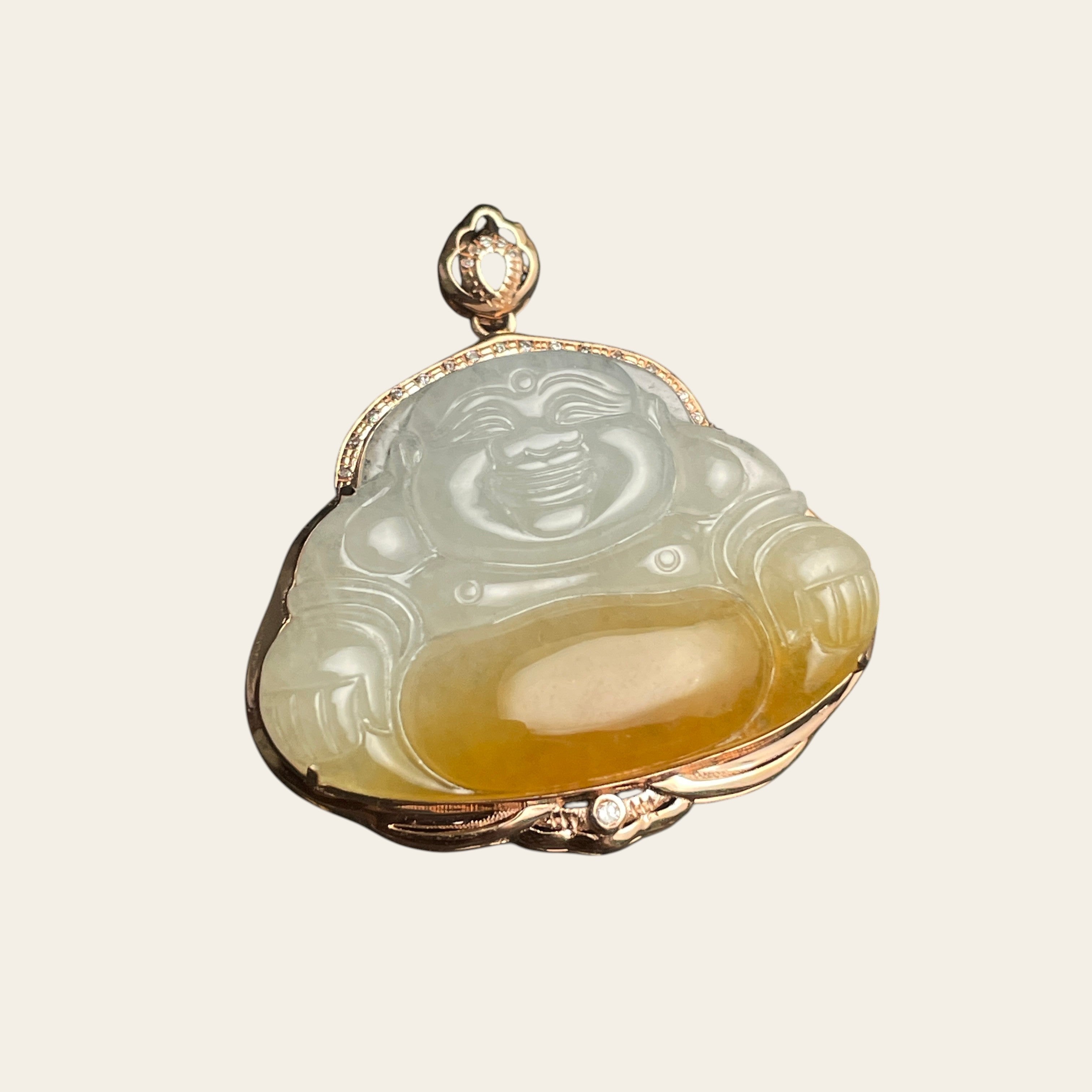 Sylvia Jewelry yellow and white jadeite Laughing Buddha pendant in 18k rose gold with pavé diamond accents.