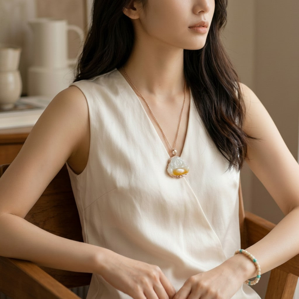 Sylvia Jewelry yellow and white jadeite Laughing Buddha pendant in 18k rose gold with diamonds worn by a woman