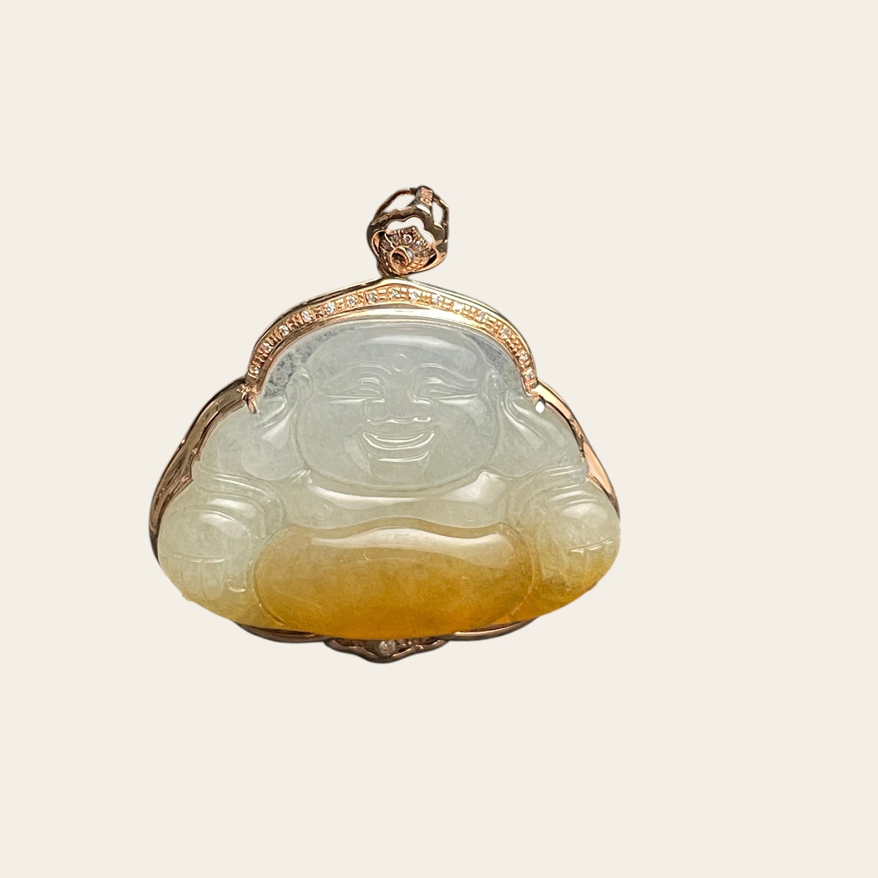 Sylvia Jewelry laughing Buddha pendant in bi-color jadeite with 18k rose gold, diamond halo, and yellow belly detail.