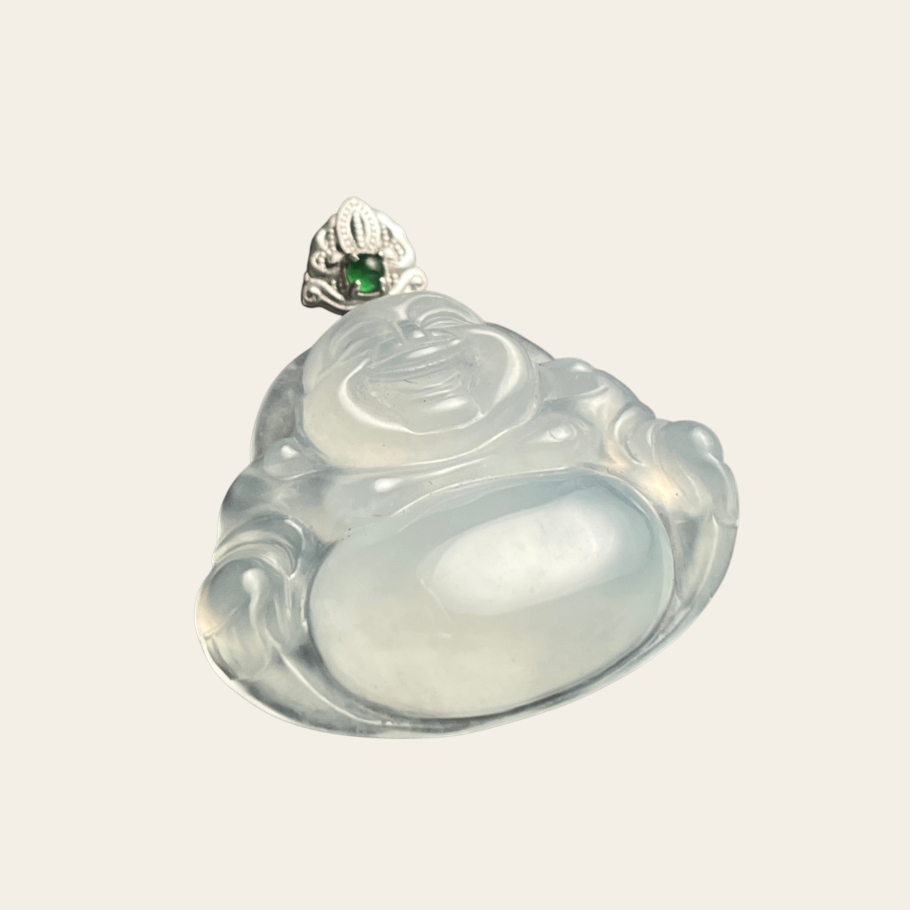 Sylvia Jewelry translucent white jadeite laughing Buddha pendant with a small green gemstone accent in silver setting.