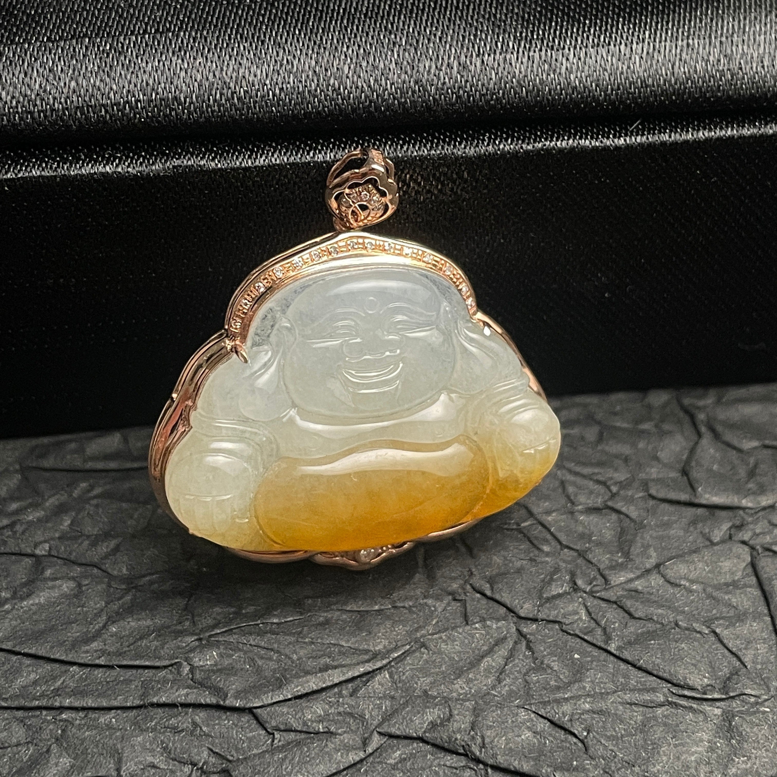 Sylvia Jewelry laughing Buddha pendant in bi-color jadeite with 18k rose gold, diamond halo, and yellow belly detail.
