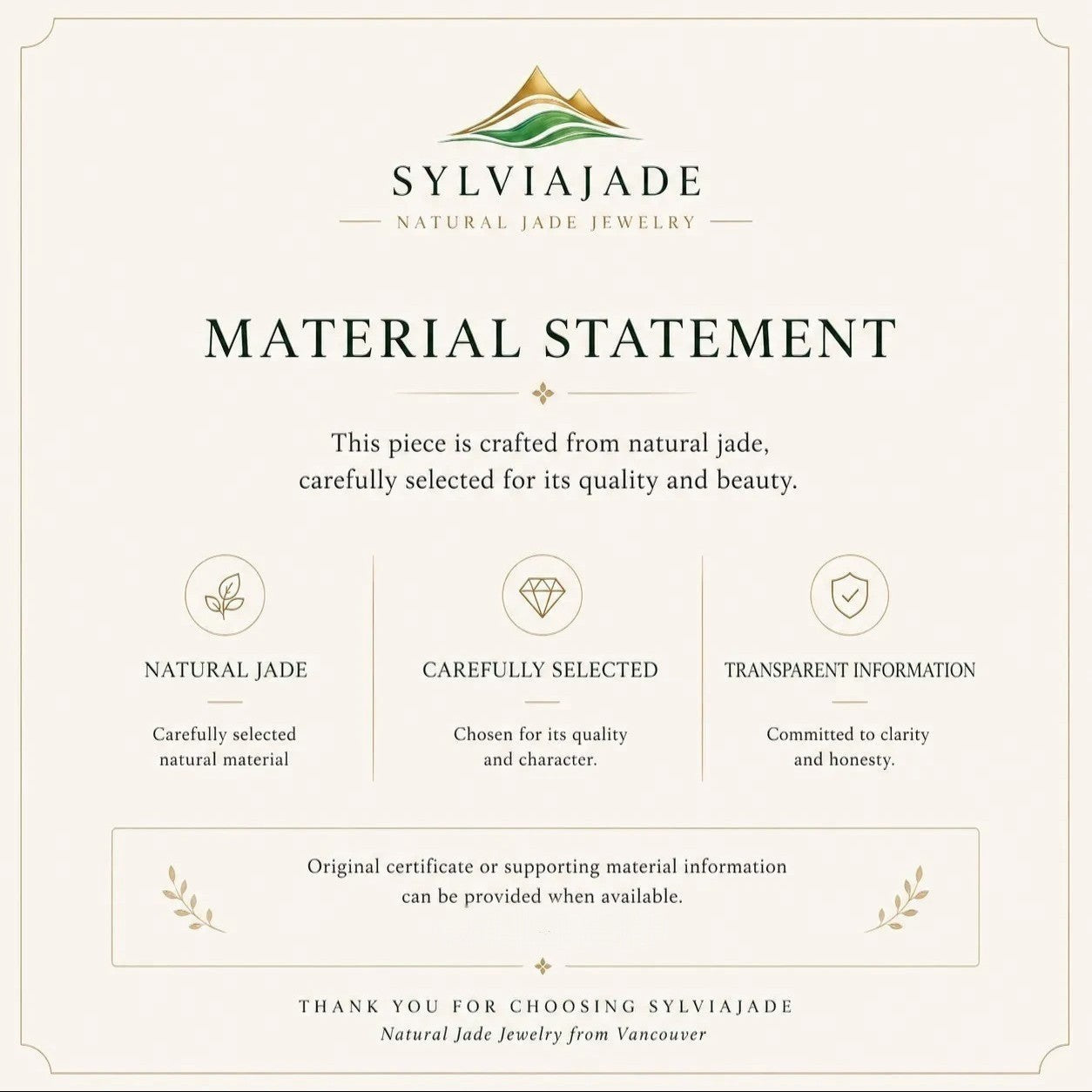 Sylvia Jewelry material statement card detailing natural jadeite quality, selection process, and transparency.