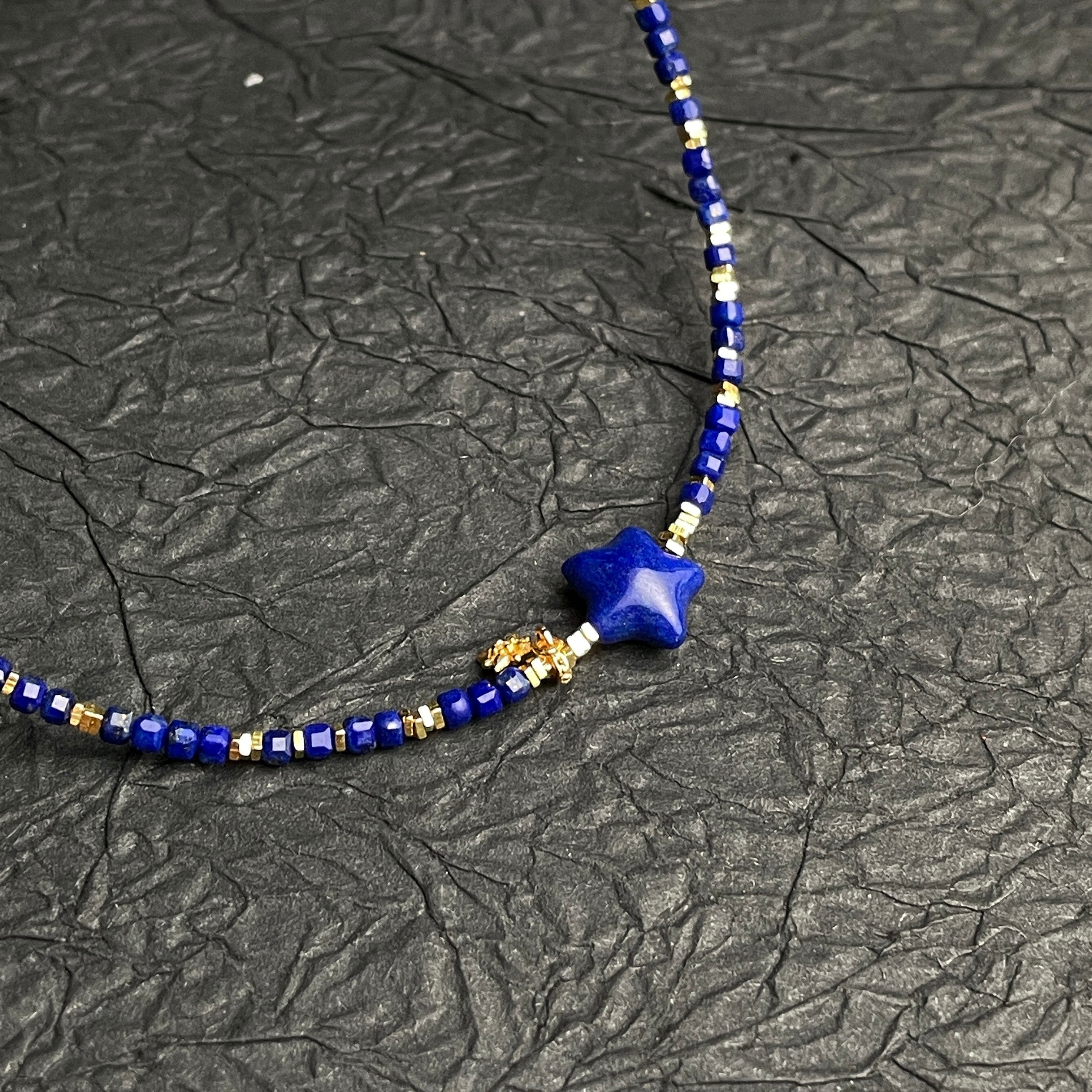Sylvia Jewelry Celestial Night choker with blue lapis lazuli beads, gold-plated silver accents, and a star pendant.