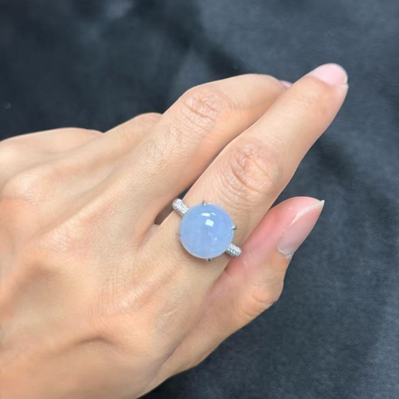 Sylvia Jewelry icy lavender jadeite cabochon ring in 18k white gold with micro-pavé diamonds on a hand