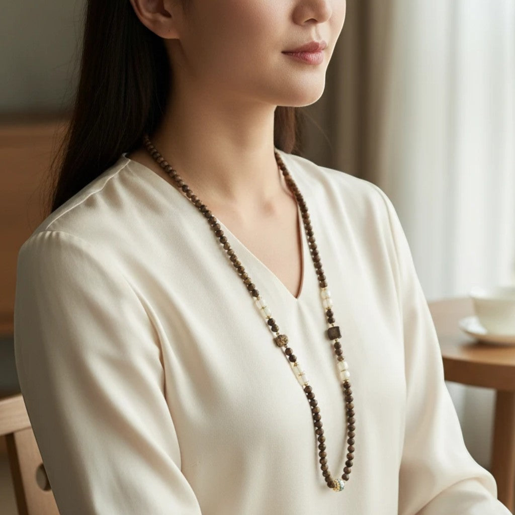 Sylvia Jewelry long beaded necklace with dark wood and stone accents worn by a woman in a cream blouse