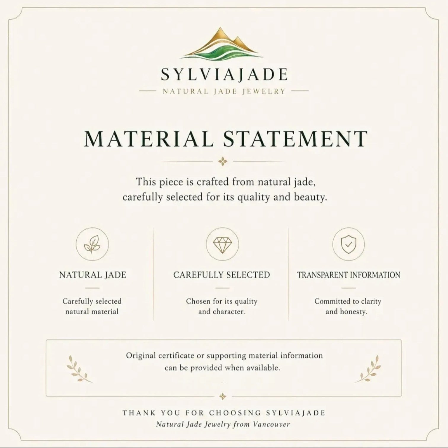 Sylvia Jewelry material statement card detailing natural jade quality, selection process, and transparency commitment.