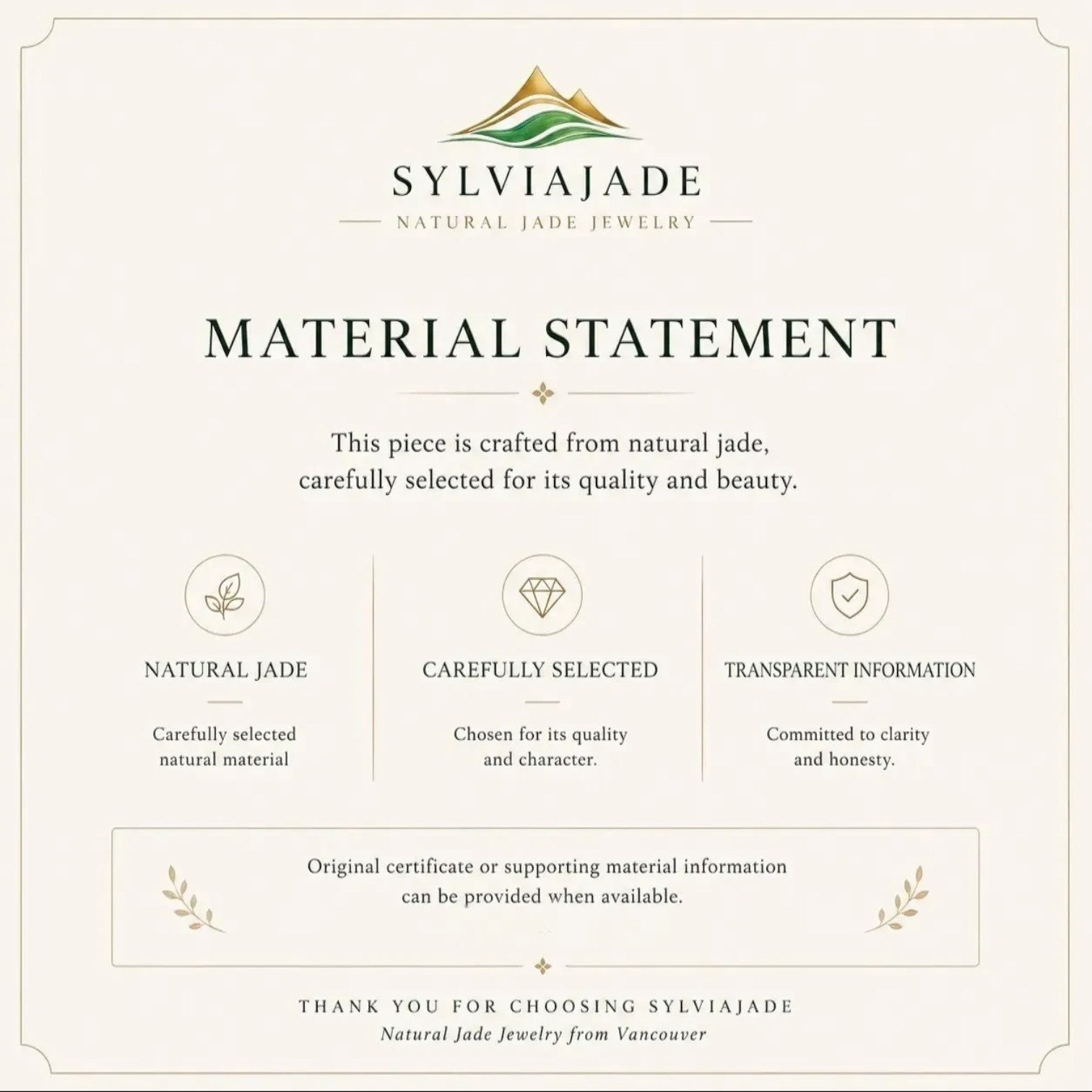 Sylvia Jewelry material statement card detailing the quality and authenticity of natural jade jewelry pieces.