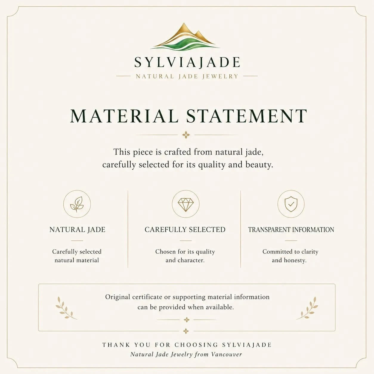 Sylvia Jewelry material statement card detailing natural jade quality, selection process, and transparency commitment.