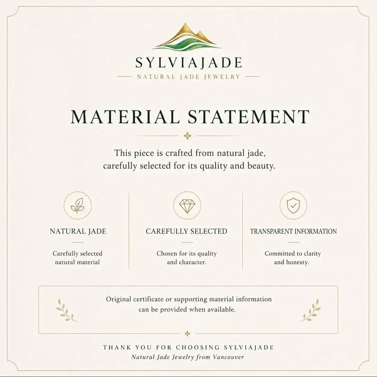 Sylvia Jewelry material statement card featuring natural jade quality assurance and transparent information icons.