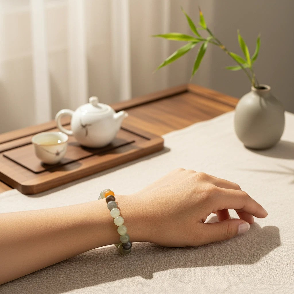 Sylvia Jewelry 多彩天然和田玉手链，珠子颜色包括白色、绿色、烟紫色、糖棕色和黄橙色。