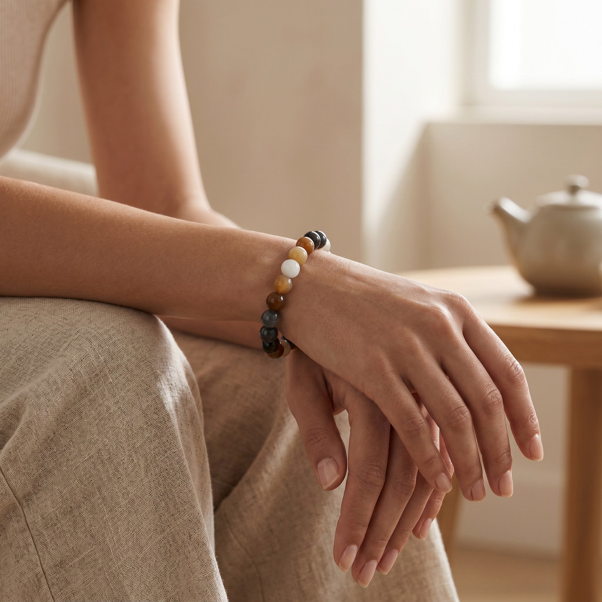 Sylvia Jewelry multi-colored gemstone bead bracelet worn on a woman's wrist in a minimalist setting.