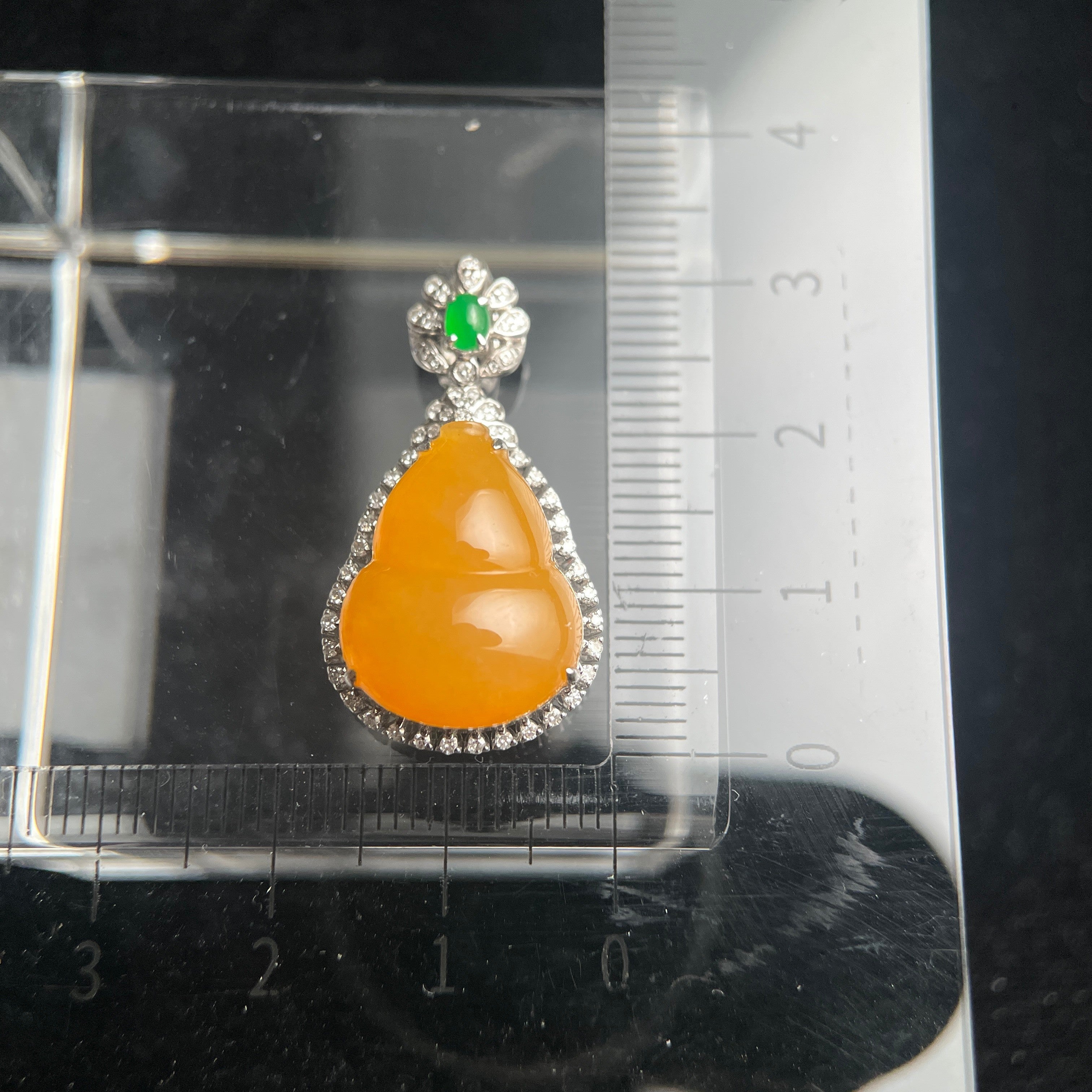 Sylvia Jewelry natural orange jadeite gourd pendant with green jade accent and 18K gold diamond setting
