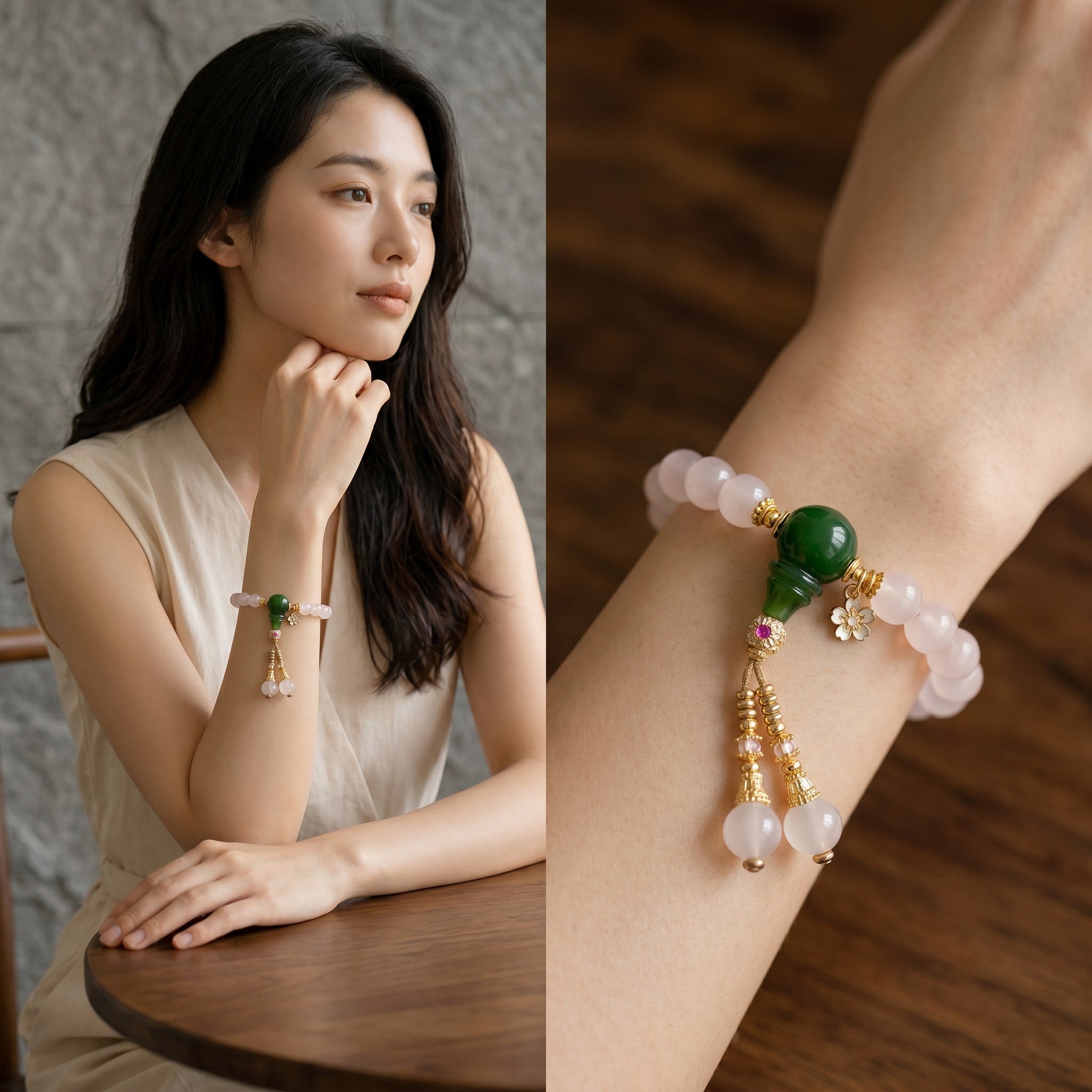 Sylvia Jewelry 浅粉色玛瑙手链，镶嵌绿色玉石和金色花朵吊坠，配有流苏。