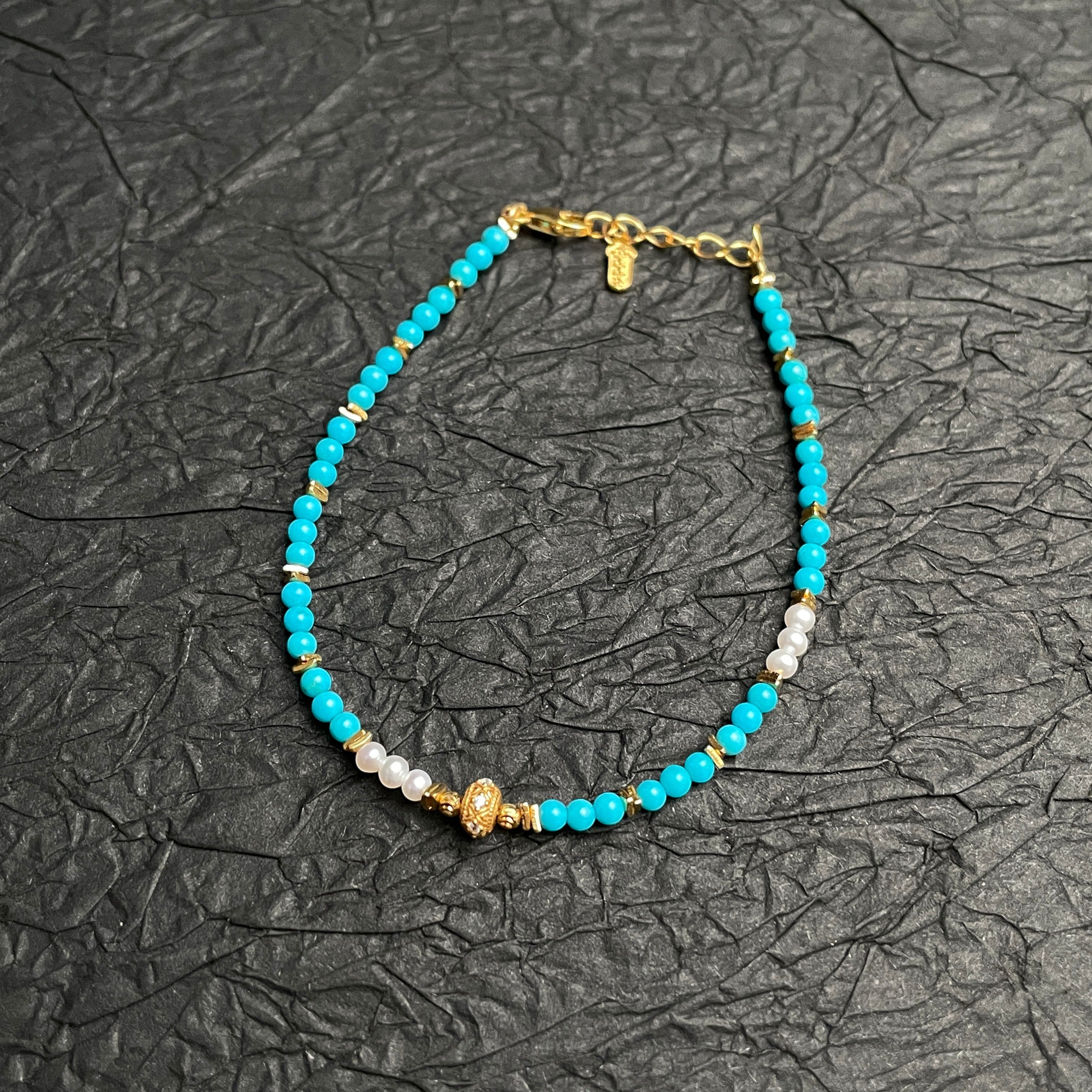 Sylvia Jewelry 蓝绿松石珍珠手链，金色镀银配件，适合日常佩戴