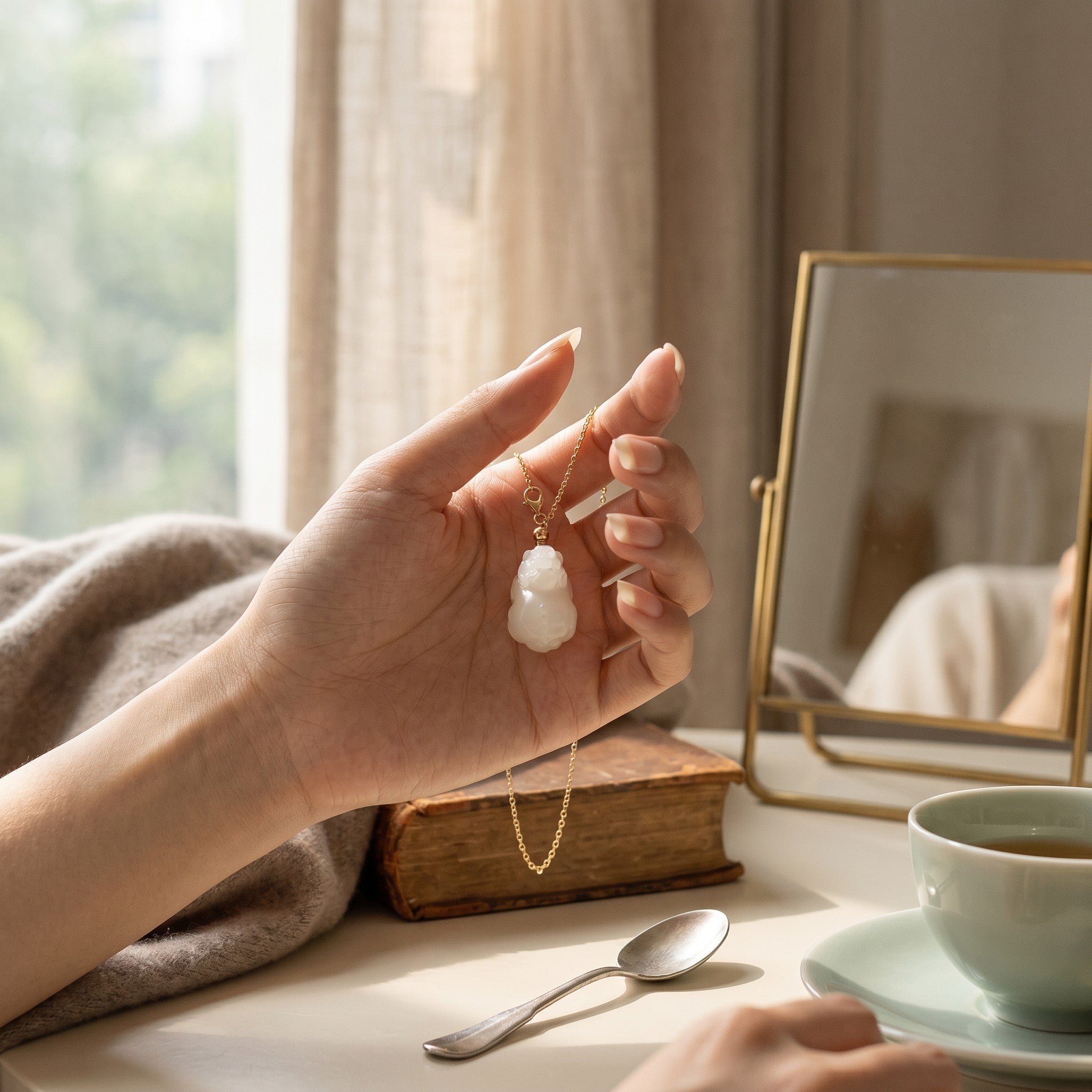 Sylvia Jewelry white jade Buddha pendant on a delicate gold chain held in a hand near a mirror and tea cup