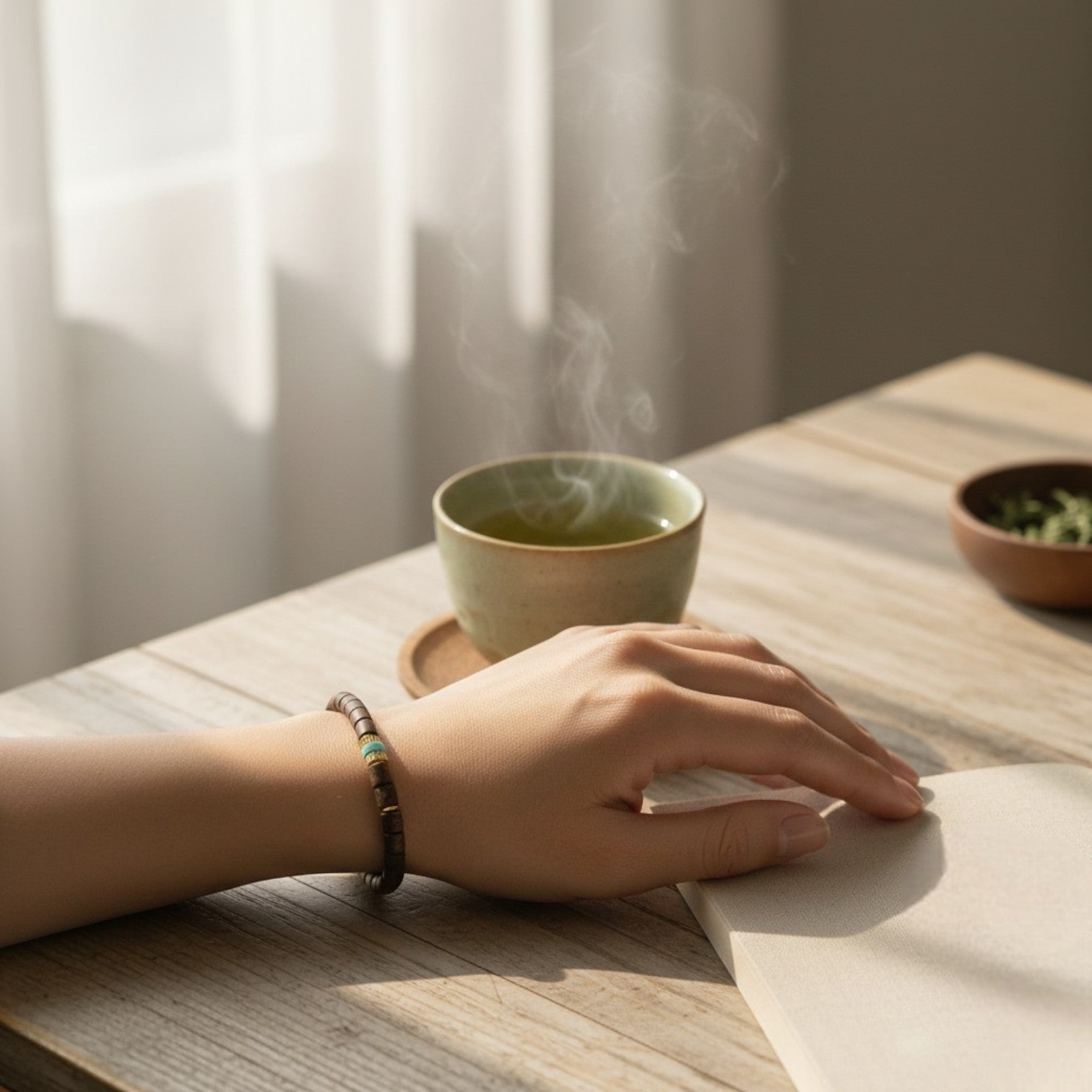 Sylvia Jewelry 木质串珠手链，饰有蓝色宝石和金色隔珠，适合日常佩戴。