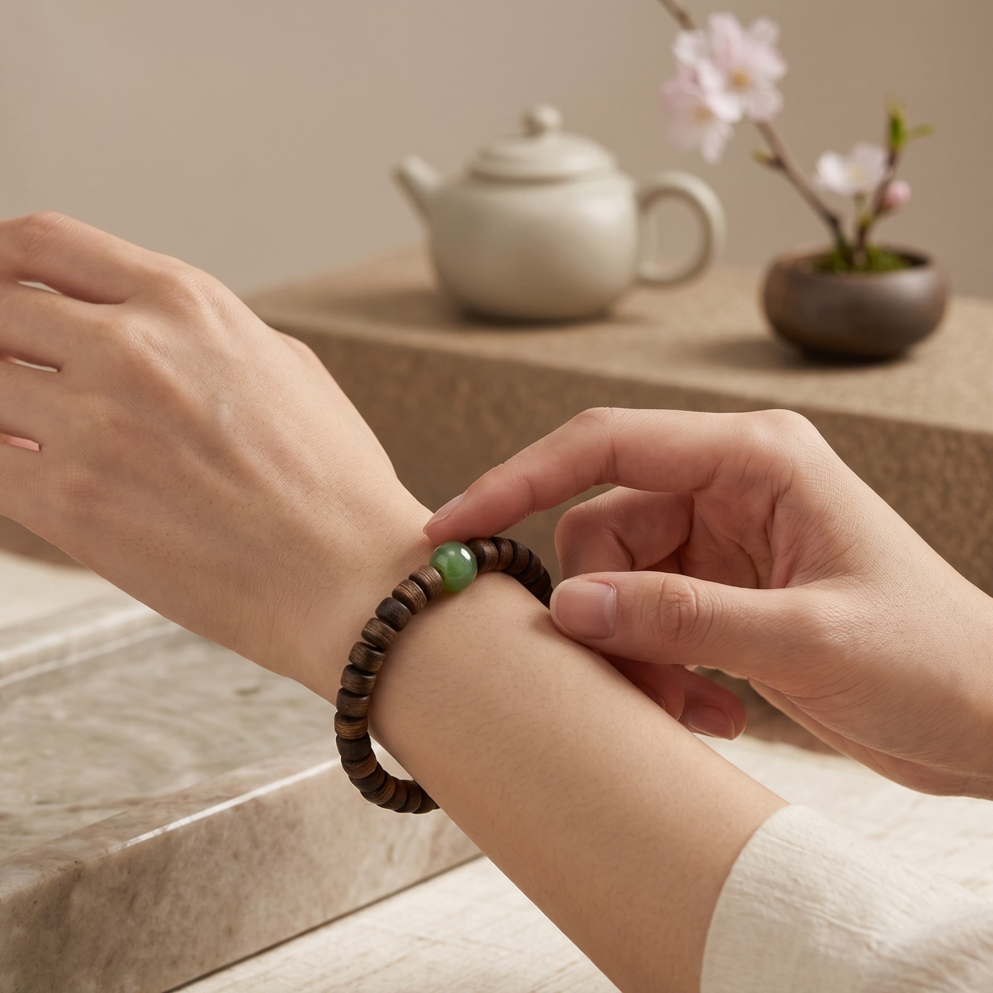 Sylvia Jewelry wooden bead bracelet with a single green jade accent worn on a woman's wrist in a serene setting.