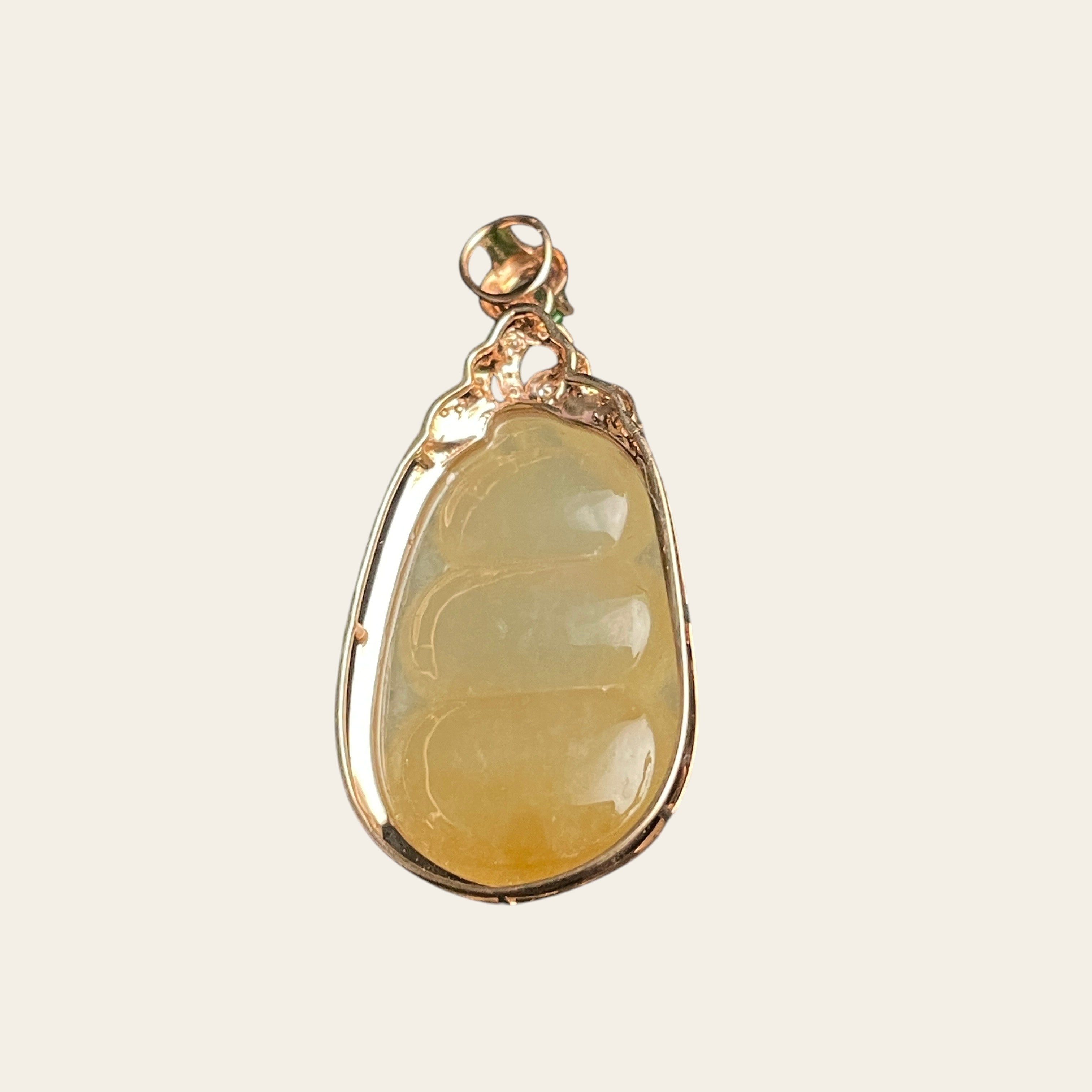 Sylvia Jewelry ice-species yellow jadeite Fortune Bean pendant in 18k gold with diamond accents and green jade cabochon