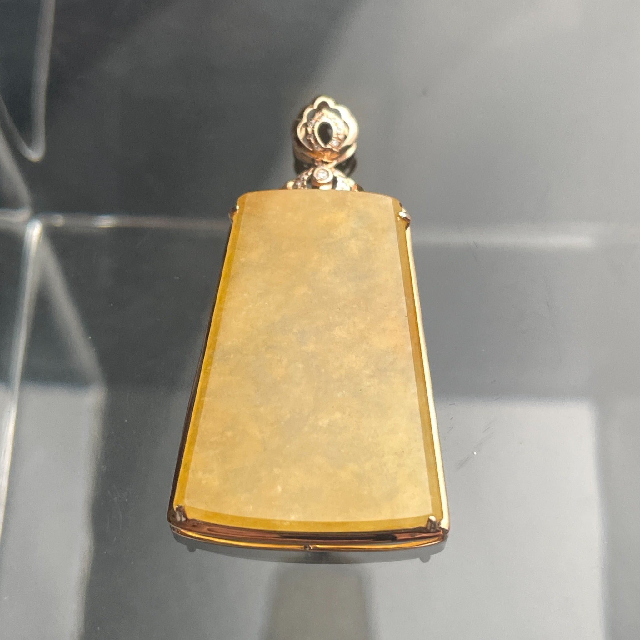 Sylvia Jewelry rectangular yellow jadeite jade pendant plaque set in polished 18K gold with a decorative bail.