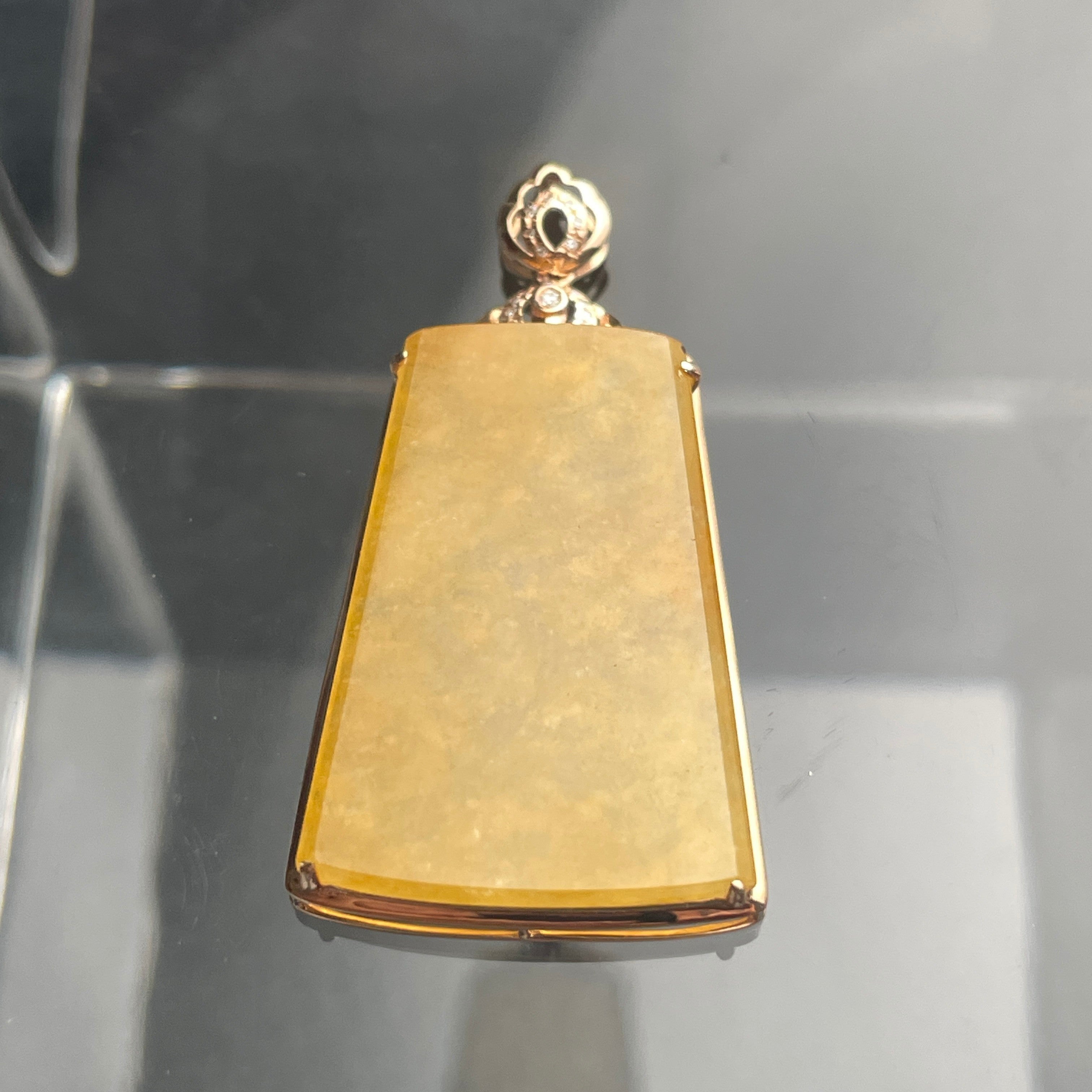 Sylvia Jewelry rectangular yellow jadeite jade pendant plaque set in polished 18K gold with a decorative bail.