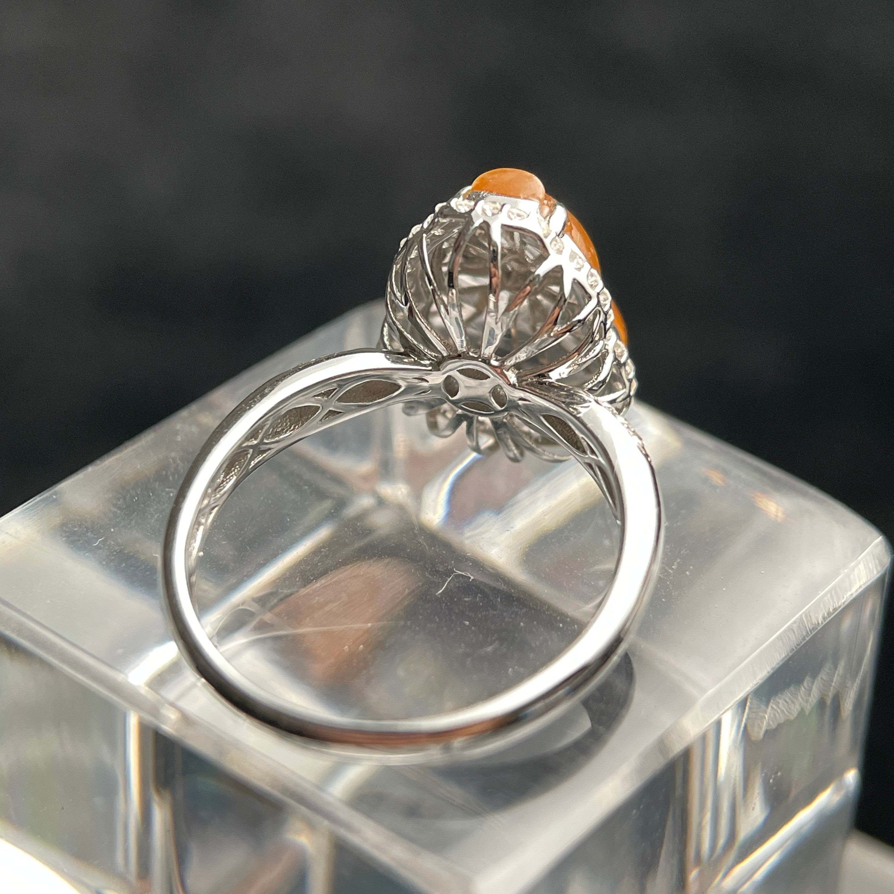 Sylvia Jewelry yellow jadeite gourd ring with diamond halo set in polished 18K white gold, side view